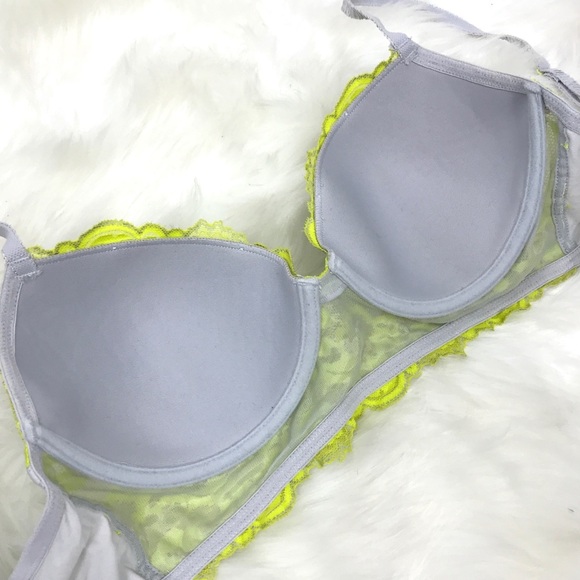 Josie Neon‎ Green 32D Contrast Lace Plunge Bralette Balconette Bra Unpadded - Picture 10 of 12